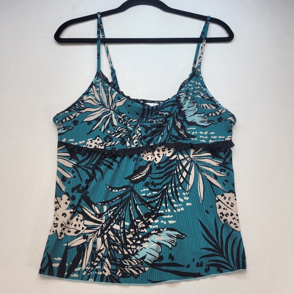 Secret Treasures Cami Womens M 8-10 Teal Tropical Ruffle Pajama Top Sleepwear